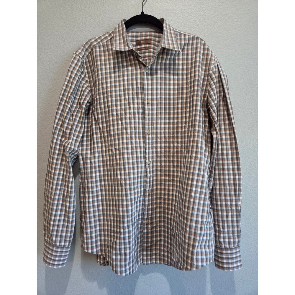 BOSS Hugo Boss Shirt Mens L Brown Grey Check Slim Fit Long Sleeve Excellent